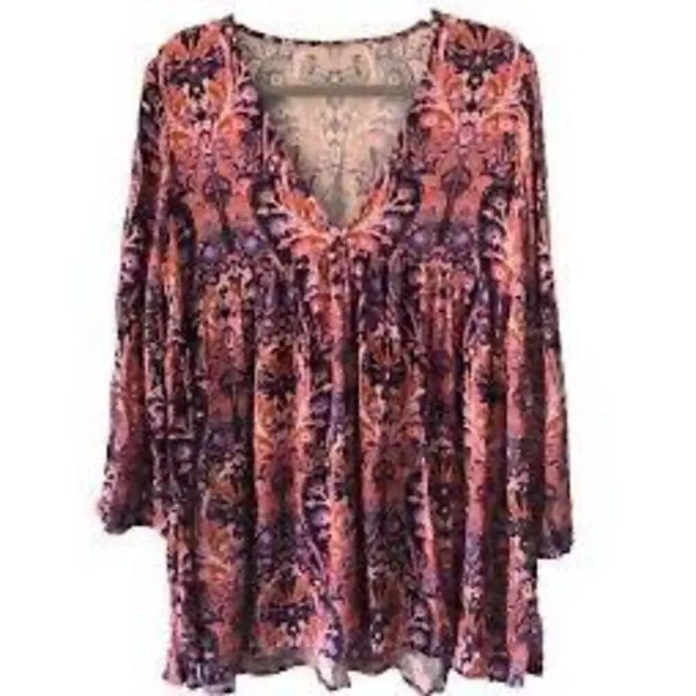 Free People XS Bell Sleeve Babydoll Peasant Top Purple Pink Gold Paisley Flowy